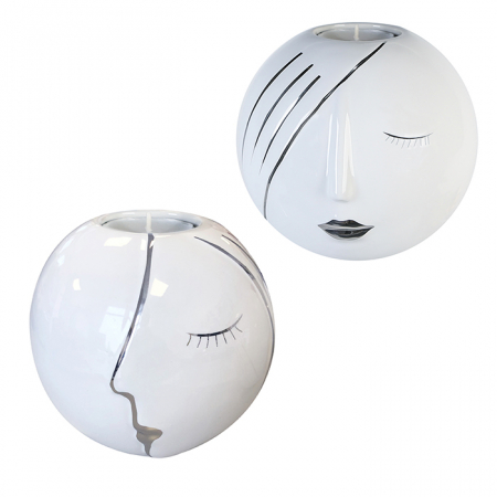 Suporturi lumanari - Set 2 suporturi lumanare Face, ceramica, alb/argintiu