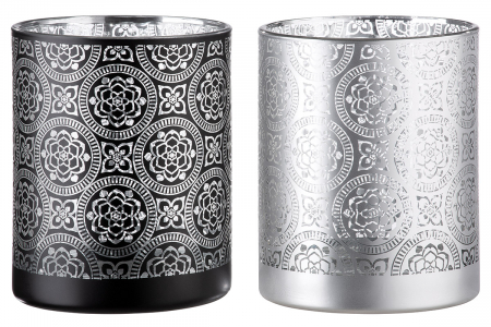 Suporturi lumanari - Set 2 suporturi lumanare Marrakesch, Sticla, Negru/Argintiu, 12.5x10 cm