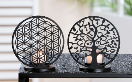 Suporturi lumanari - Set 2 suporturi lumanare tree/flower of life, sticla/metal, negru, 13x14x8 cm