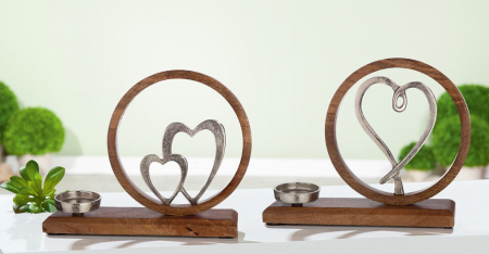 Dragobete - Set 2 suporturi lumanari Hearts, aluminiu/lemn, argintiu/maro, 36x26x8 cm