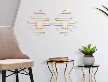 Suporturi lumanari - Set 2 suporturi lumanari pentru perete Alid, Fier, Auriu, 34x33x10 cm