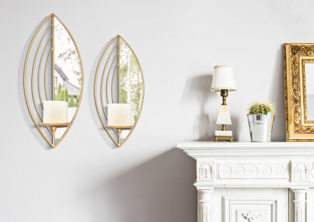 Suporturi lumanari - Set 2 suporturi lumanari pentru perete Leaf, Fier/Oglinda, Auriu, 41/35x18/15x13/13 cm