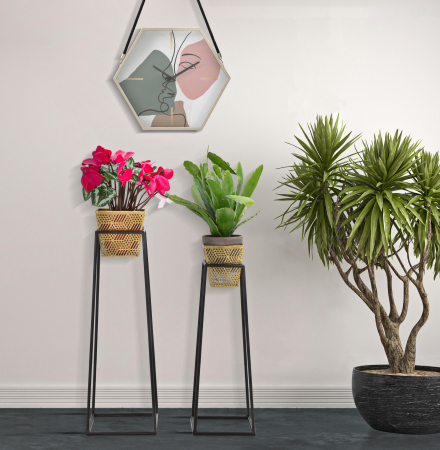 Ghivece si suporturi de flori - Set 2 suporturi pentru flori Square, Fier, Auriu/Negru, 70/60x23/20x23/20 cm
