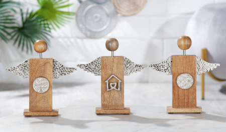 Ingeri - Set 3 decoratiuni Angel Message, Lemn, Maro/Argintiu, 19x20.5x4 cm