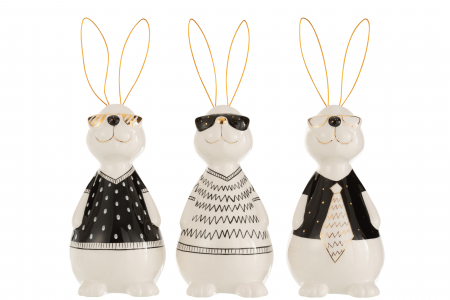 Primavara - Set 3 figurine Rabbit Max, Ceramica, Alb/Negru/Auriu, 11x11x29.5 cm