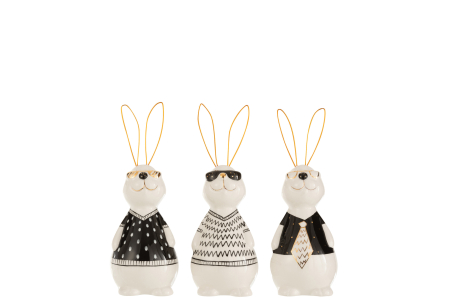 Primavara - Set 3 figurine Rabbit Max, Ceramica, Alb/Negru/Auriu, 8.5x7x19.5 cm