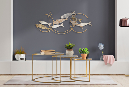 Masute - Set 3 masute Triangle, Fier/Sticla, Auriu, 50/ 45/40x60/50/40x60/ 50/40 cm