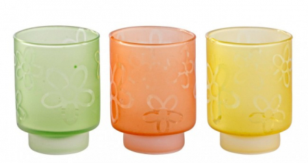 Suporturi lumanari - Set 3 suport lumanari, sticla, verde, portocaliu, galben, 7x7x9cm