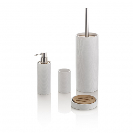 BAIE - Set 4 accesorii baie FOX, Rasina/Otel/Bambus, Alb,  9.2x9.2x23.7 cm