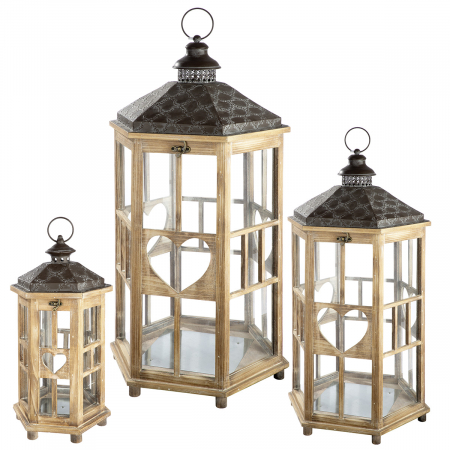 Suporturi lumanari - Set de 3, Felinar, Hexagon, "Corazon", Lemn, maro, PU 1, L. 35 cm, L. 39 cm, H 78 cm