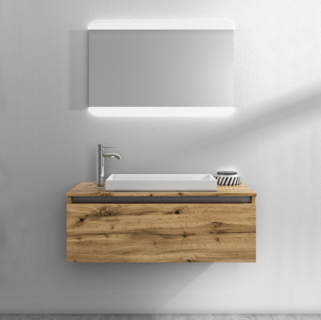 Seturi mobilier baie - Set de baie cu 3 piese PERTH, Melamina/Aluminiu/Abs/Sticla/Rasina/Metal, Maro deschis, 100x45x190 cm