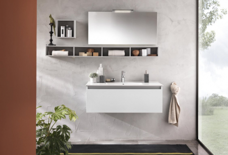 Seturi mobilier baie - Set de baie cu 6 piese PERTH, Melamina/Aluminiu/Abs/Sticla/Ceramica/Metal, Alb, 160x46.5x190 cm