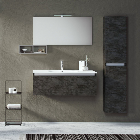 Seturi mobilier baie - Set de baie cu 6 piese PERTH, Melamina/Aluminiu/Abs/Sticla/Ceramica/Metal, Gri, 101x46.5x190 cm