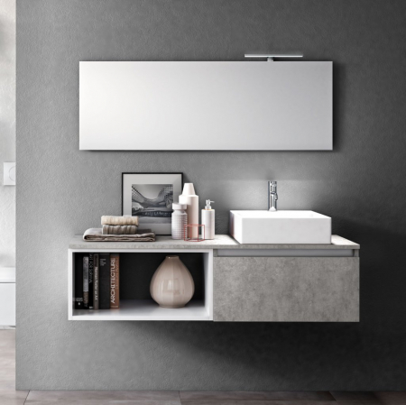 Seturi mobilier baie - Set de baie cu 6 piese PERTH, Melamina/Aluminiu/Abs/Sticla/Ceramica/Metal, Gri, 140x46.5x190 cm