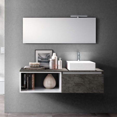 Seturi mobilier baie - Set de baie cu 6 piese PERTH, Melamina/Aluminiu/Abs/Sticla/Ceramica/Metal, Gri, 140x46.5x190 cm