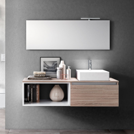 Seturi mobilier baie - Set de baie cu 6 piese PERTH, Melamina/Aluminiu/Abs/Sticla/Ceramica/Metal, Maro, 140x46.5x190 cm