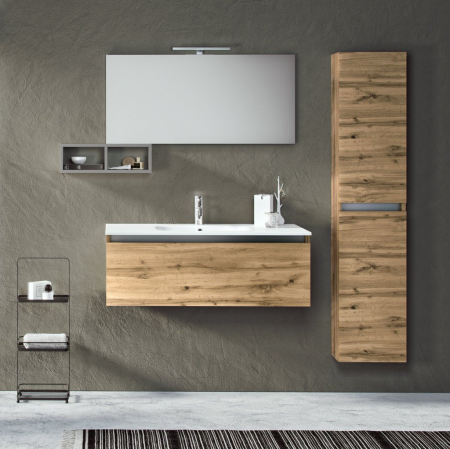 Seturi mobilier baie - Set de baie cu 6 piese PERTH, Melamina/Aluminiu/Abs/Sticla/Ceramica/Metal, Maro deschis, 101x46.5x190 cm