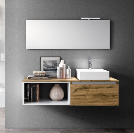 Seturi mobilier baie - Set de baie cu 6 piese PERTH, Melamina/Aluminiu/Abs/Sticla/Ceramica/Metal, Maro deschis, 140x46.5x190 cm