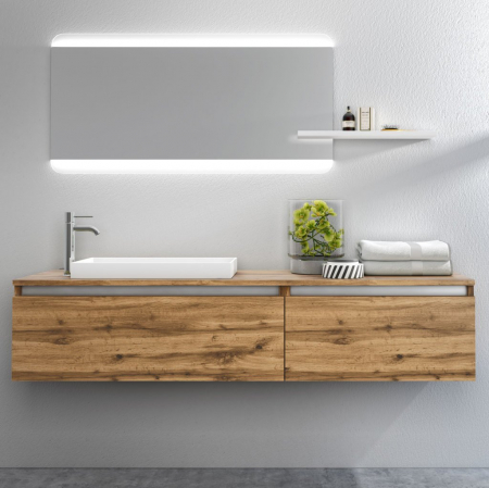 Seturi mobilier baie - Set de baie cu 6 piese PERTH, Melamina/Aluminiu/Abs/Sticla/Rasina/Metal, Maro deschis, 170x45x190 cm