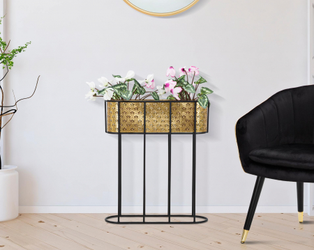 Ghivece si suporturi de flori - Suport flori Oval, Fier, Auriu/Negru, 70x60x20 cm