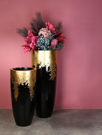 Ghivece si suporturi de flori - Suport ghiveci Konus, Fibra de sticla, Negru/Auriu, 75x35 cm