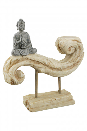 Suporturi lumanari - Suport lumanare Buddha, Rasina, Gri/Crem, 5.5x22x23 cm
