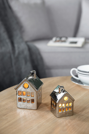 Suporturi lumanari - Suport lumanare Cabana, Ceramica, Argintiu, 7.60x11.50x7.60 cm