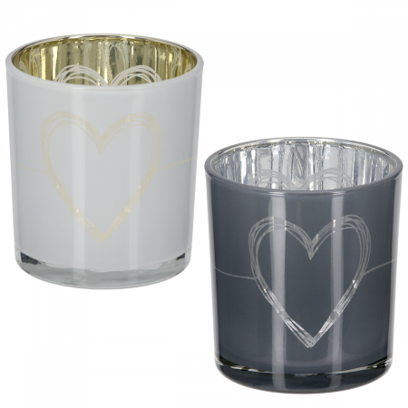 Suporturi lumanari - Suport lumanare, cilindric, Modern Heart, Motiv inimă, Sticlă, gri, alb, PU 18, 2 buc. asortate, H. 8 cm, D. 7 cm
