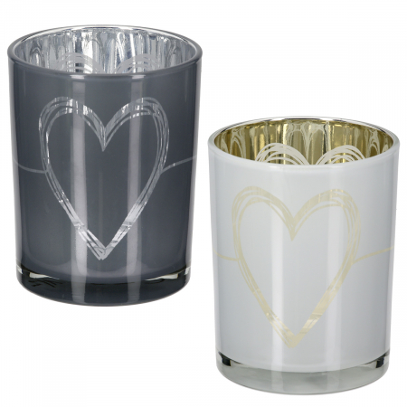 Suporturi lumanari - Suport lumanare, cilindric, Modern Heart, Motiv inimă, Sticlă, gri, alb, PU 8, 2 buc. asortate, H. 12,5 cm, D. 10 cm