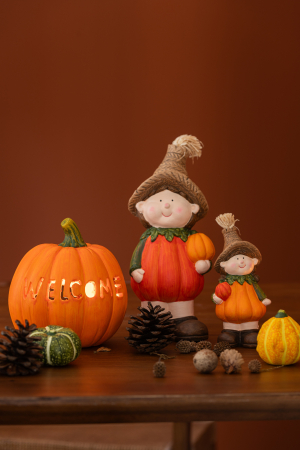 Suporturi lumanari - Suport lumanare Dovleac Halloween Welcome, Polirasina, Portocaliu, Set 2 buc, 16.5x15x15 cm