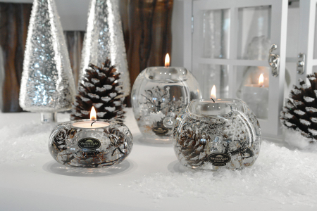 Suporturi lumanari - Suport lumanare Dreamlight, Mercury, „Poveste de iarna”, motiv con de pin, sticla, maro, alb, PU 6, H 7 cm, A. 9 cm