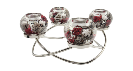 Suporturi lumanari - Suport lumanare Dreamlight, model Tealight, Ronda Smart, „Winter Berries”, sticla, transparent, rosu, argintiu, PU 1, H 14 cm, A. 34 cm