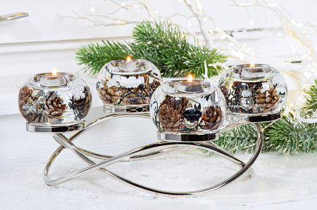 Suporturi lumanari - Suport lumanare Dreamlight, Ronda Smart, „Poveste de iarna”, motiv con de pin, sticla, culoare argintie, PU 1, H 14 cm, A. 34 cm