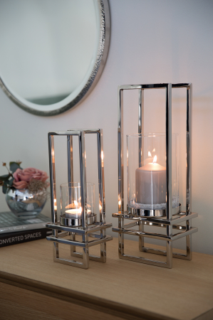 Suporturi lumanari - Suport lumanare Dualis, Otel inoxidabil nichelat, Argintiu, 16x41x15 cm