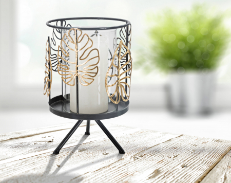 Suporturi lumanari - Suport lumanare, Fier/Sticla, Negru/Auriu, 16x16x26 cm