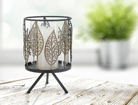 Suporturi lumanari - Suport lumanare, Fier/Sticla, Negru/Gri, 14x14x26 cm