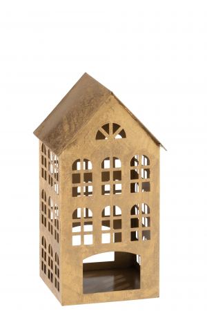 Suporturi lumanari - Suport lumanare House, Metal/Fier, Auriu, 17.5x17x32.5 cm