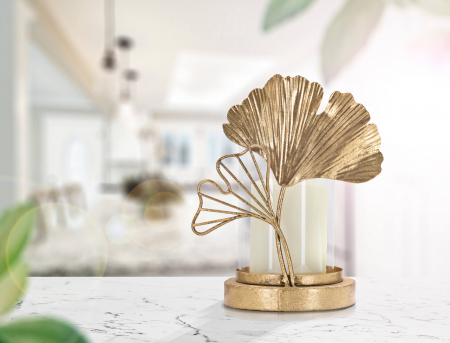 Suporturi lumanari - Suport lumanare Leaf, Fier/Sticla, Auriu, 18x14x24 cm
