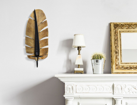 Suporturi lumanari - Suport lumanare Leaf, rasina/fier, auriu/negru, 12.8X8.9X31.2 cm