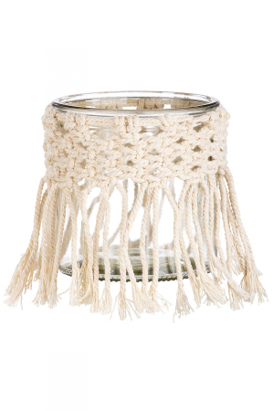 Suporturi lumanari - Suport lumanare Macrame, Sticla, Crem, 10x10x10 cm