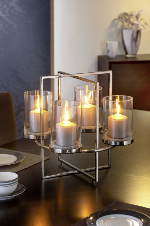 Suporturi lumanari - Suport lumanare Norman, Sticla/Otel inoxidabil nichelat, Argintiu, 43x46 cm