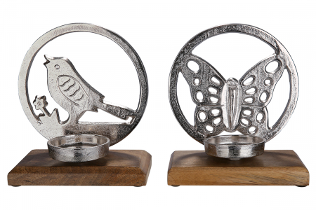 Suporturi lumanari - Set 2 suporturi lumanare pasare, fluture, aluminiu/lemn, maro/argintiu, 18x20x10 cm