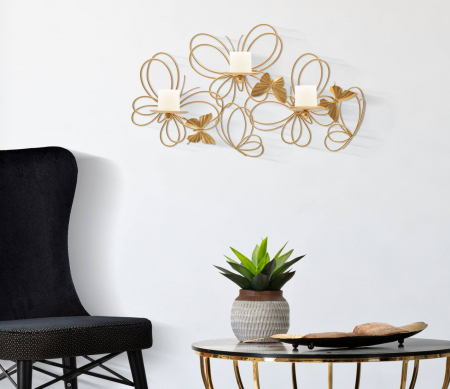 Suporturi lumanari - Suport lumanare pentru perete Butterflies, Fier/Sticla, Auriu, 34x61x12 cm