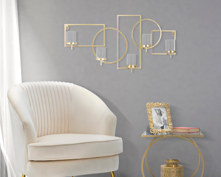 Suporturi lumanari - Suport lumanare pentru perete Marie, Fier/Sticla, Auriu, 36x70x8.5 cm