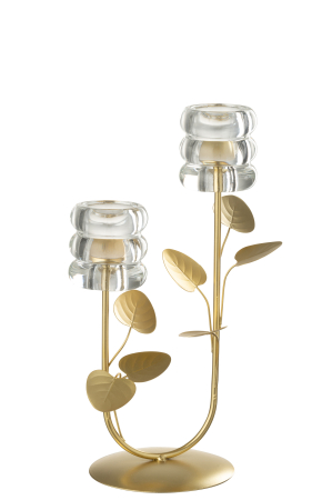 Suporturi lumanari - Suport lumanare ramura si frunza 2 parti, metal, auriu/transparent | L 18X l 12.5X H 31 cm