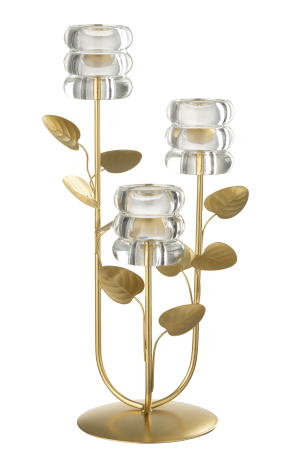 Suporturi lumanari - Suport lumanare ramura si frunza 3 parti, metal, auriu/transparent | L 19X l 15.5X H 37.5 cm