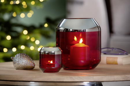 Suporturi lumanari - Suport lumanare Smilla, Sticla, Rosu/Argintiu, 9x9 cm