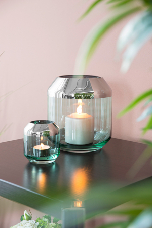 Suporturi lumanari - Suport lumanare Smilla, Sticla, Verde/Argintiu, 20.60x18.50 cm