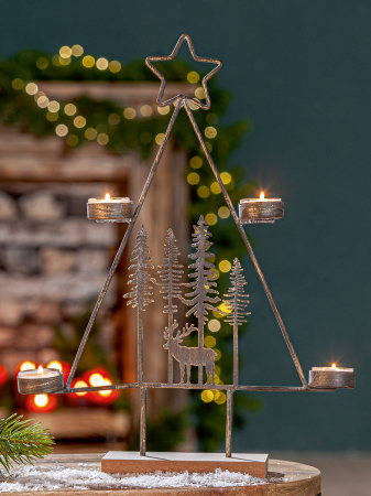 Suporturi lumanari - Suport lumanare tip tealight, Brad de Craciun, "Durada", Motiv padure, Metal, gri, PU 4, L. 7,5 cm, L. 31 cm, H 40,5 cm