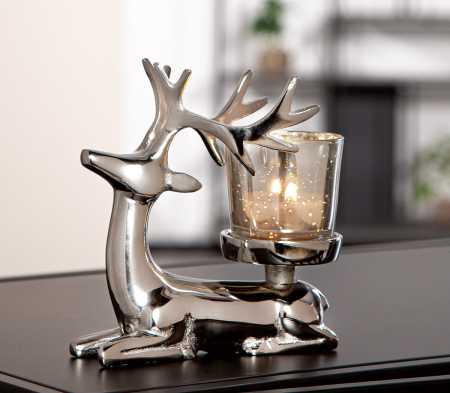 Suporturi lumanari - Suport lumanare tip tealight, Cerb, "Aksel", Aluminiu, culoare argintie, PU 3, L. 8 cm, L. 13,5 cm, H 14 cm